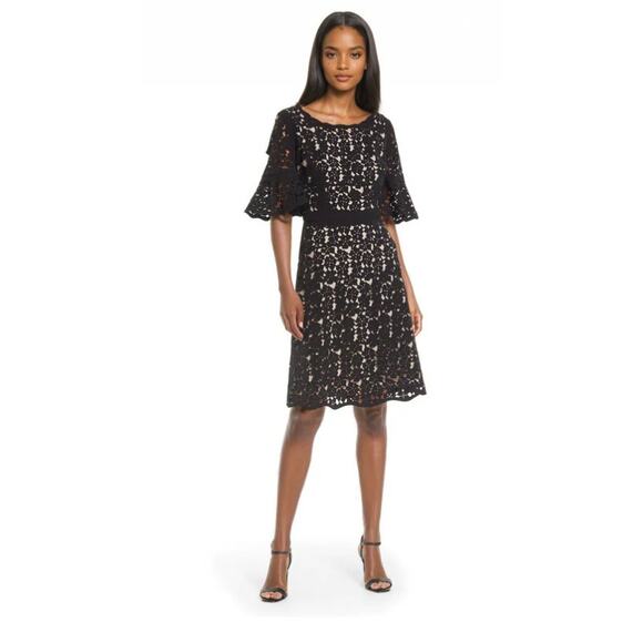 New Shani Collection Bell-Sleeve Laser Cut Dress in Beige Size 2 - Picture 1 of 4